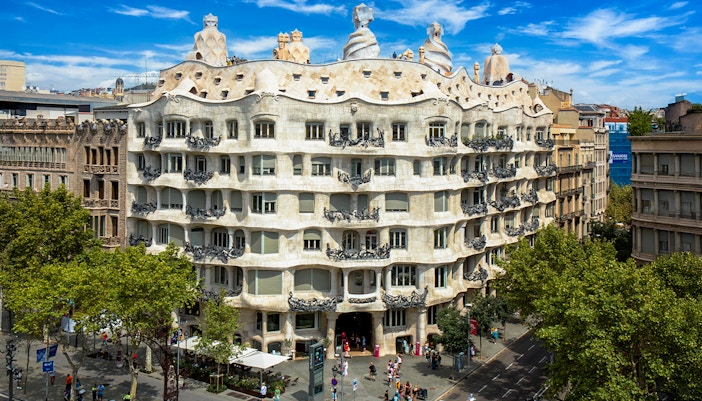 Casa Mila rooftop with unique chimneys in Barcelona, Spain.