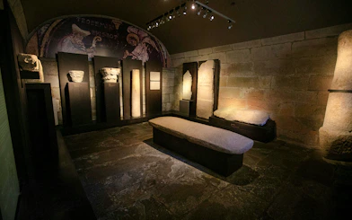 Artifacts displayed inside Santiago de Compostela Cathedral, Spain.