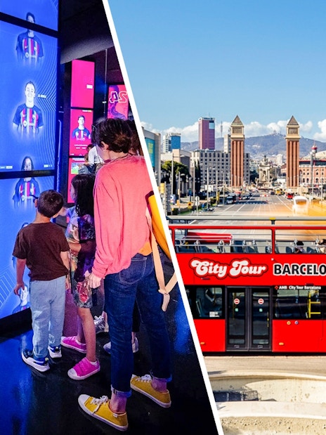 Red double-decker bus on Barcelona hop-on hop-off tour near Plaça d'Espanya.