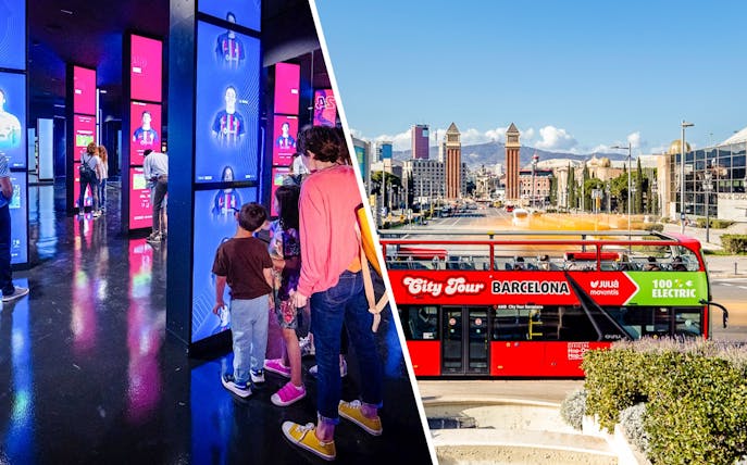 Red double-decker bus on Barcelona hop-on hop-off tour near Plaça d'Espanya.