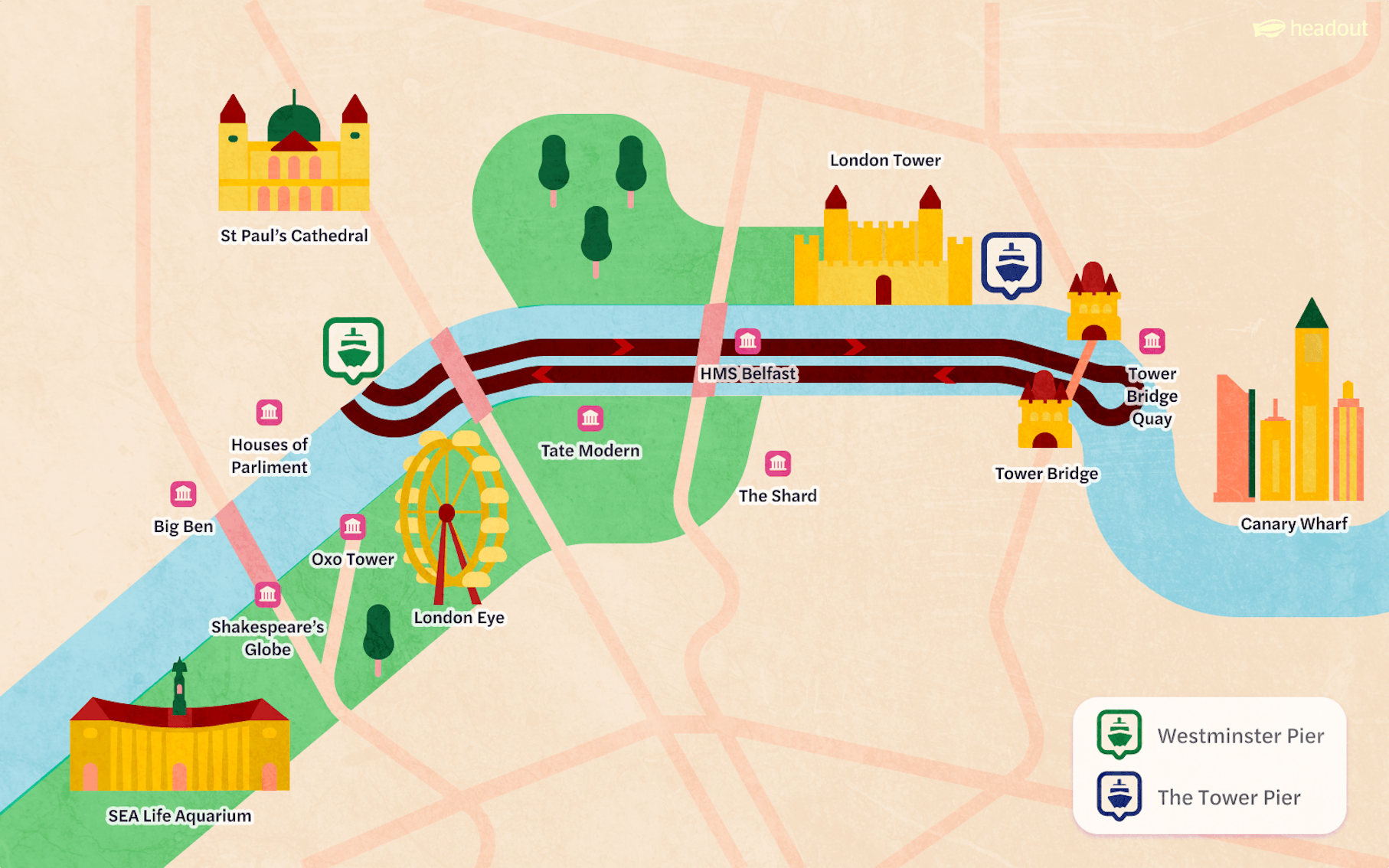 Thames River cruise route map with landmarks like Tower Bridge, London Eye, and St Paul's Cathedral.