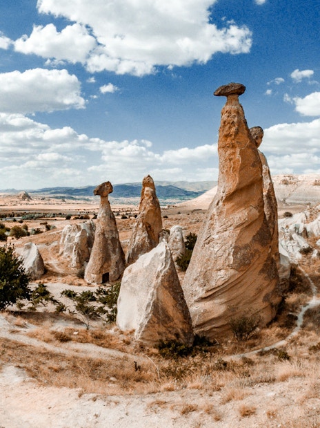 Fairy chimneys in Cappadocia landscape, Turkey, viewed during hot air balloon tour.