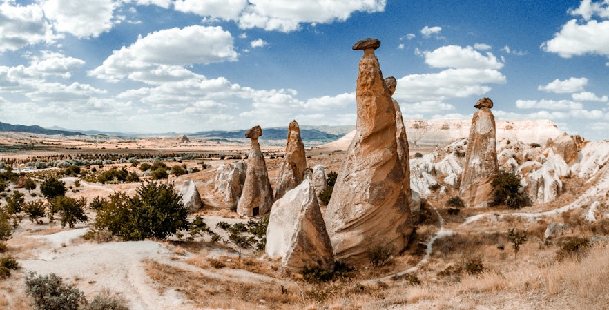 Fairy chimneys in Cappadocia landscape, Turkey, viewed during hot air balloon tour.