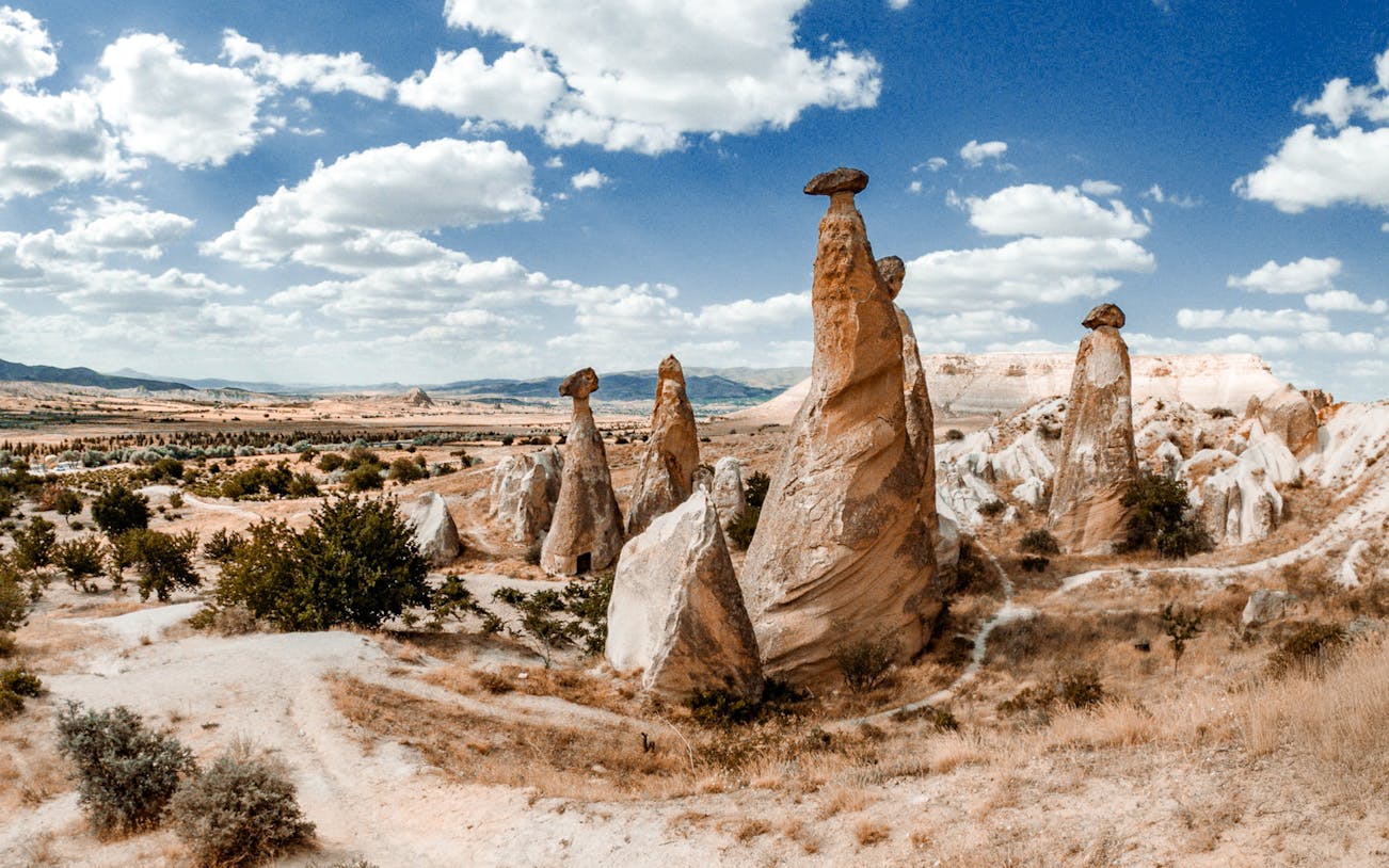 Fairy chimneys in Cappadocia landscape, Turkey, viewed during hot air balloon tour.