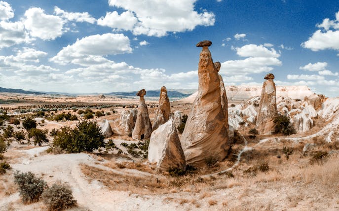 Fairy chimneys in Cappadocia landscape, Turkey, viewed during hot air balloon tour.