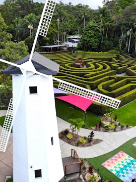 Windmill and hedge maze at Amaze World, surrounded by lush greenery and colorful pathways.