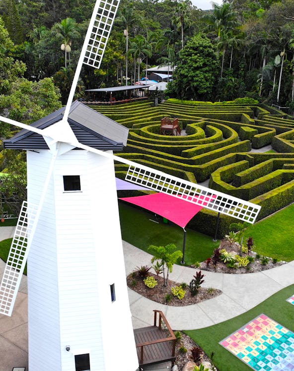 Windmill and hedge maze at Amaze World, surrounded by lush greenery and colorful pathways.