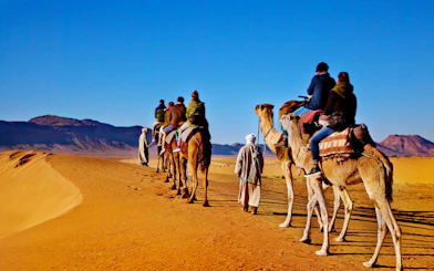 Camel caravan trekking through desert near Ait Ben-Haddou, Morocco.
