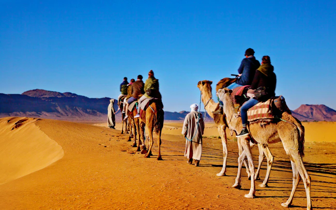 Camel caravan trekking through desert near Ait Ben-Haddou, Morocco.