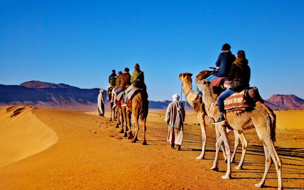 Camel caravan trekking through desert near Ait Ben-Haddou, Morocco.