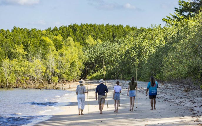 Group walking along a beach with fishing spears, Daintree Dreaming Tour, Australia.