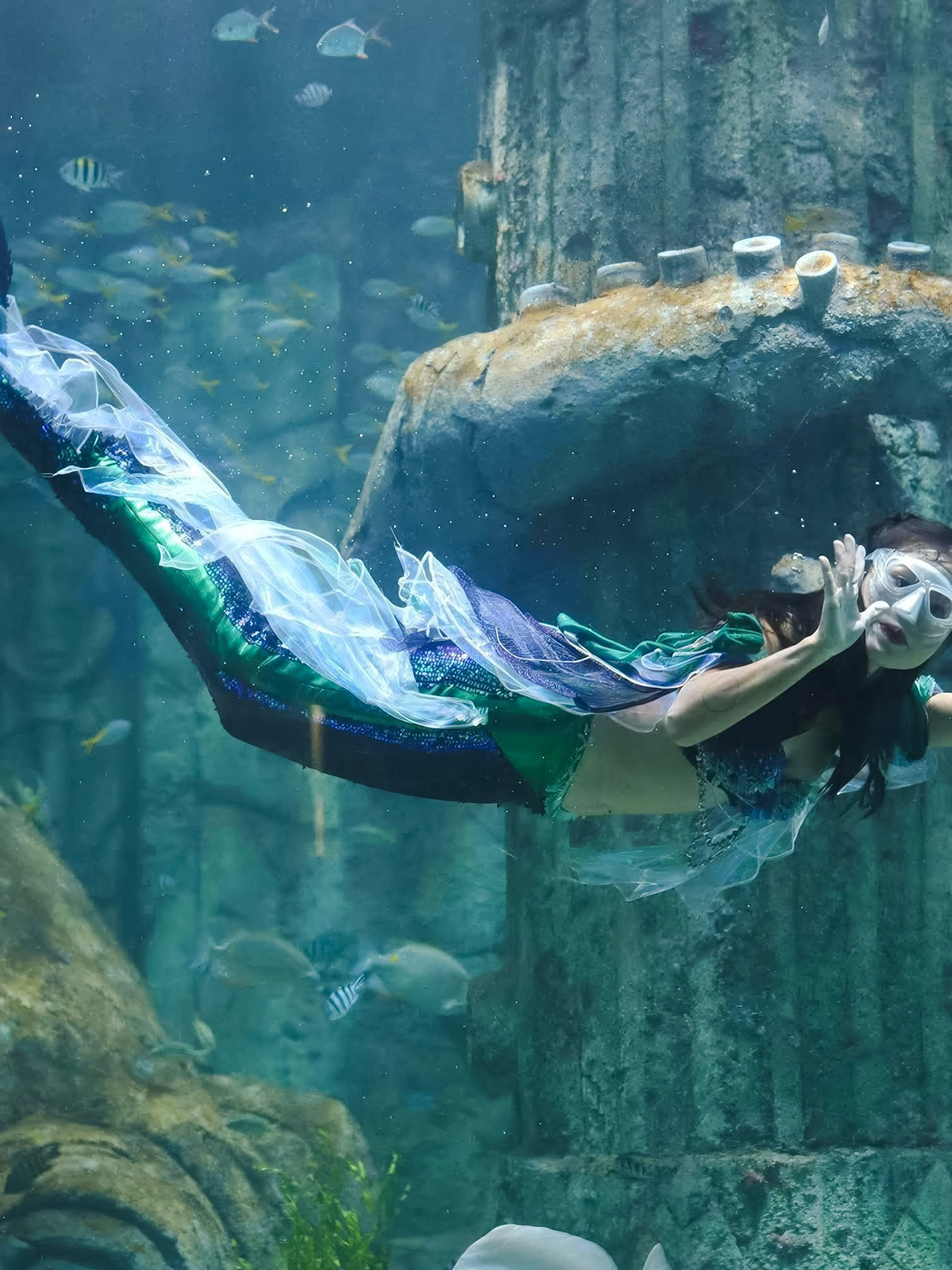 Mermaid performer swimming in aquarium at Vinwonders Phu Quoc Theme Park.