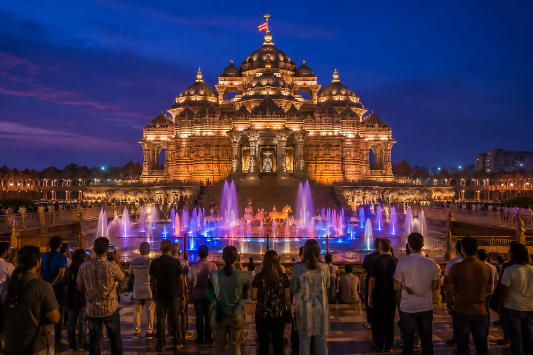 Visitors watching illuminated Akshardham Temple with fountains during evening, Agra spiritual tour.