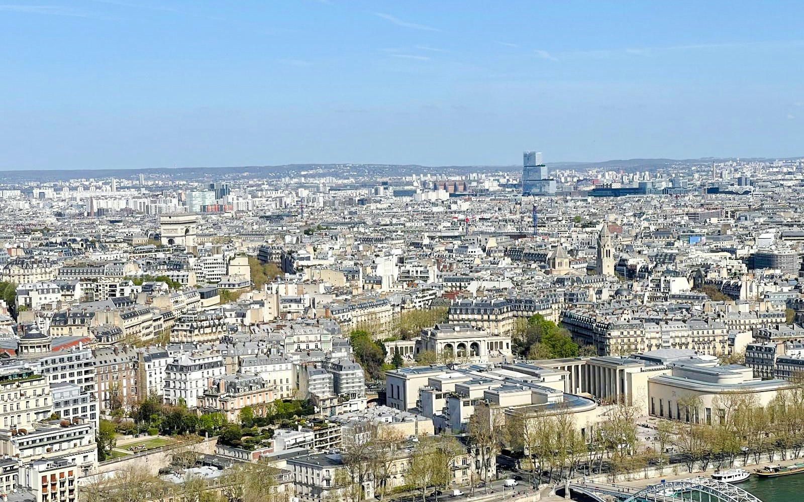Paris cityscape view from the Eiffel Tower, featuring the Arc de Triomphe, Paris, France.