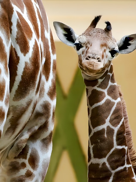 Young reticulated giraffe standing beside an adult in a zoo enclosure.