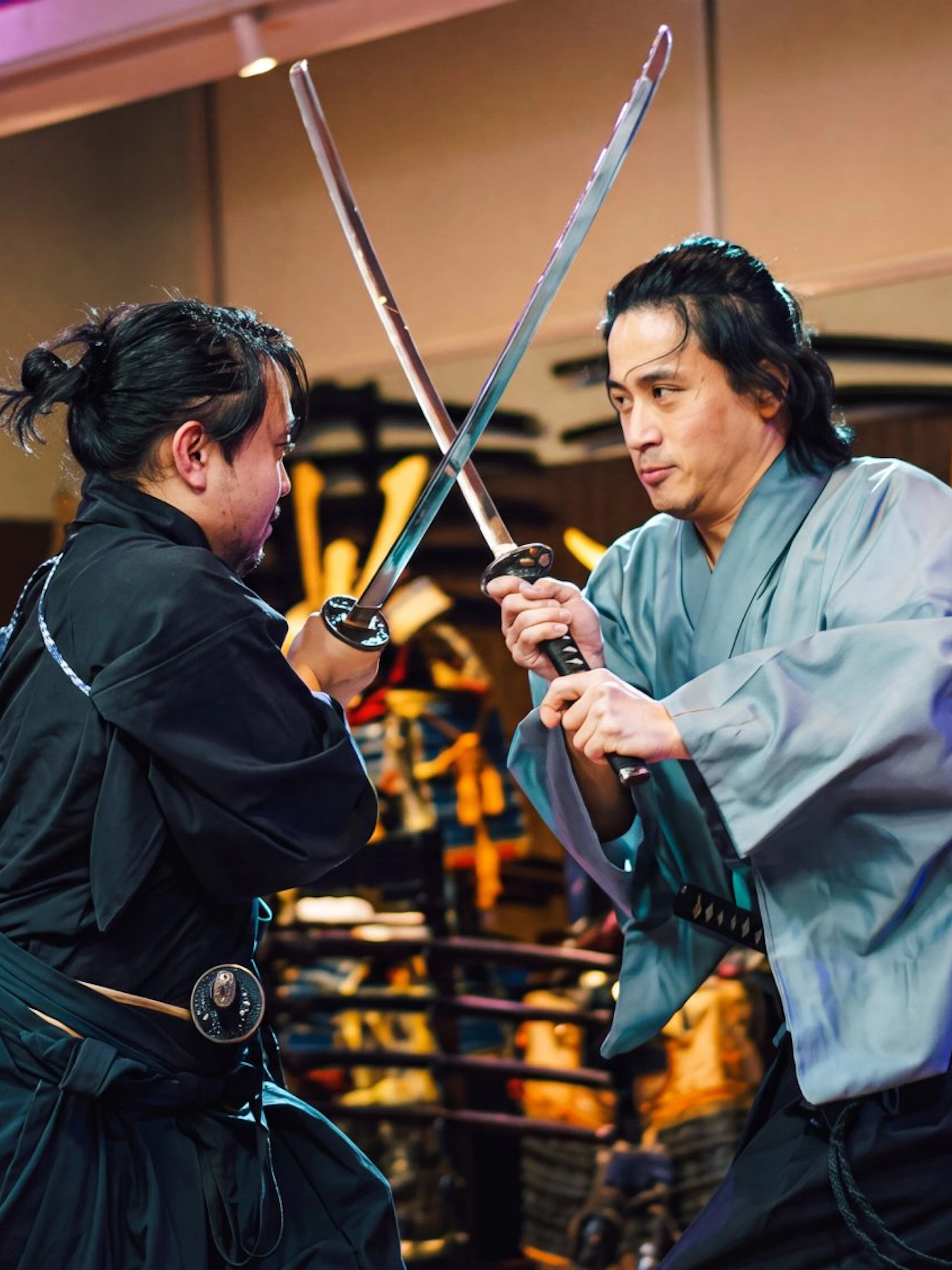 Samurai swordplay demonstration in Tokyo dojo.