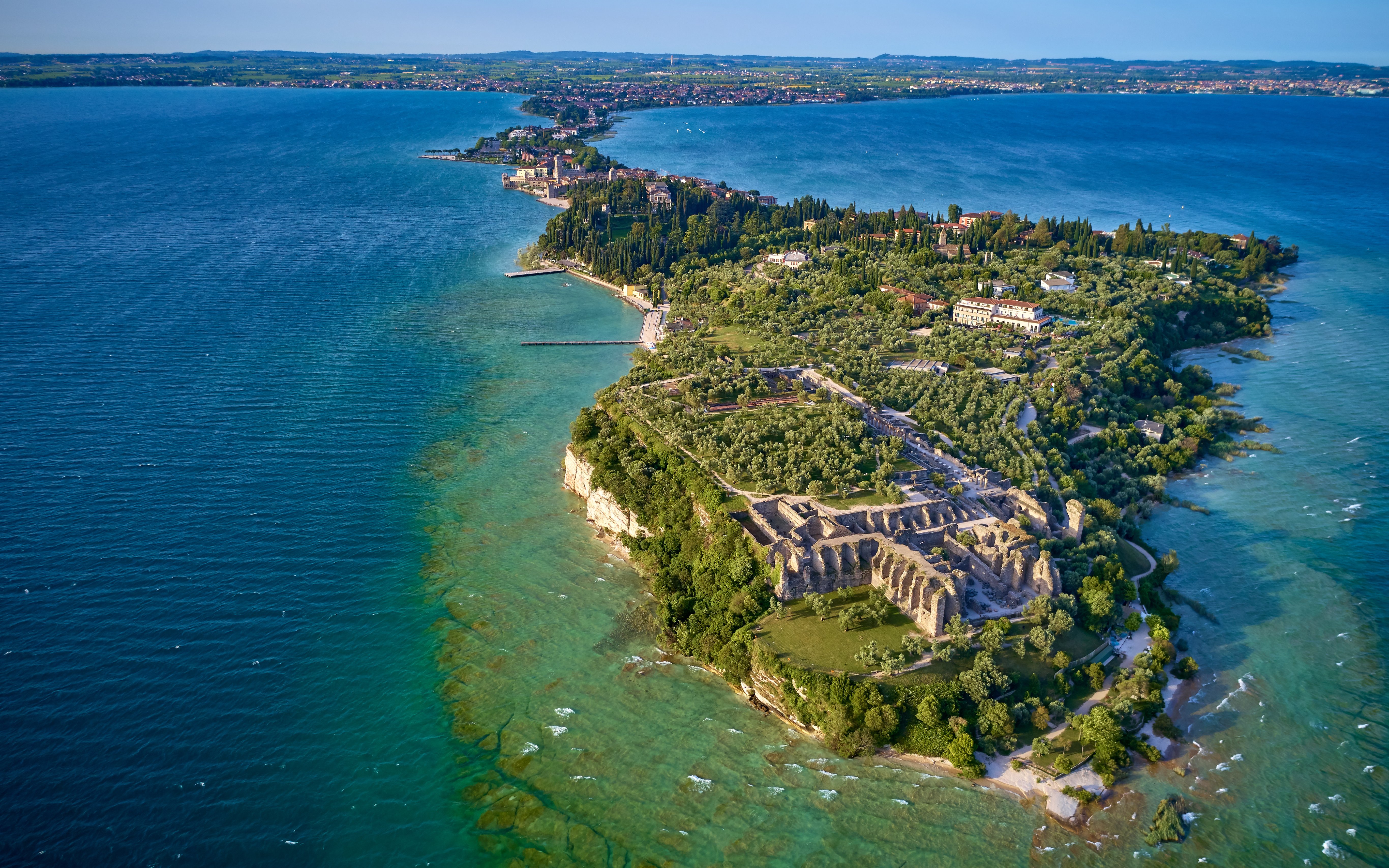 Aerial view of Grotto of Catullus ruins on Sirmione peninsula, Lake Garda, Italy.