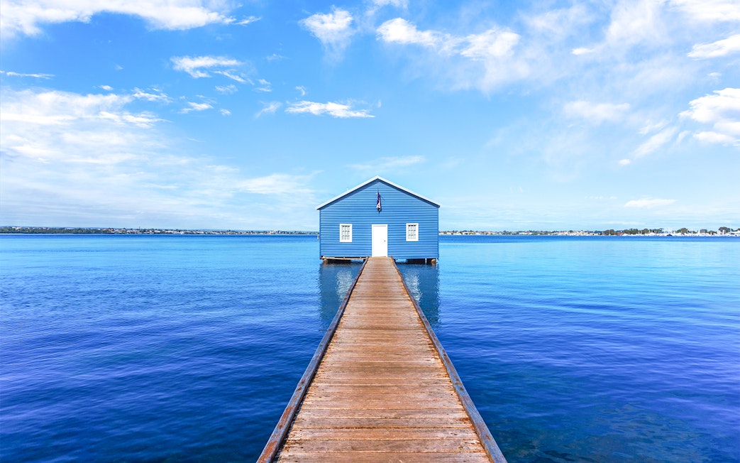Blue Boat House on Swan River jetty in Perth, Australia.