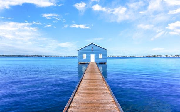 Blue Boat House on Swan River jetty in Perth, Australia.