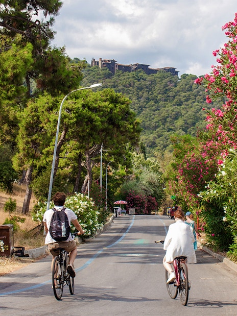 Cyclists on a scenic road lined with pink flowers on Buyukada Island, Turkey.