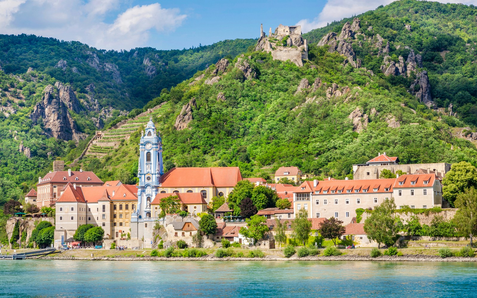 Dürnstein village with Danube River view, featuring historic buildings and lush vineyards.