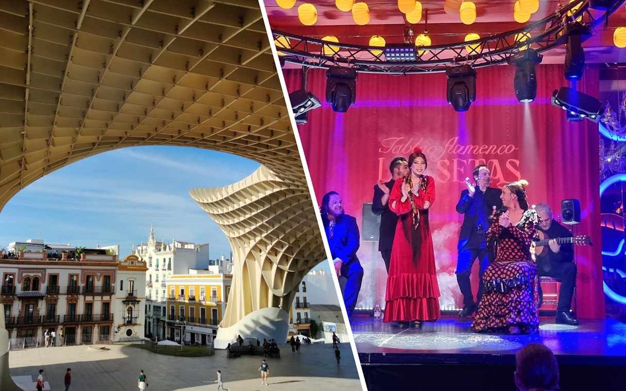 Setas de Sevilla structure with visitors and flamenco performance, Spain.