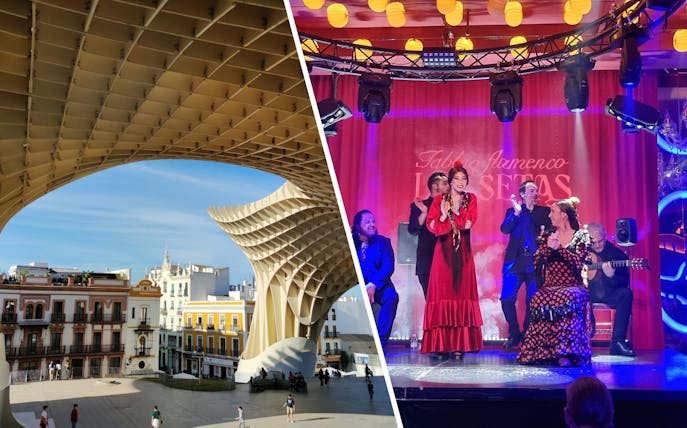 Setas de Sevilla structure with visitors and flamenco performance, Spain.