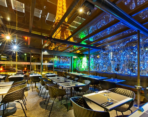 Eiffel Tower from Bistro Parisien at Night