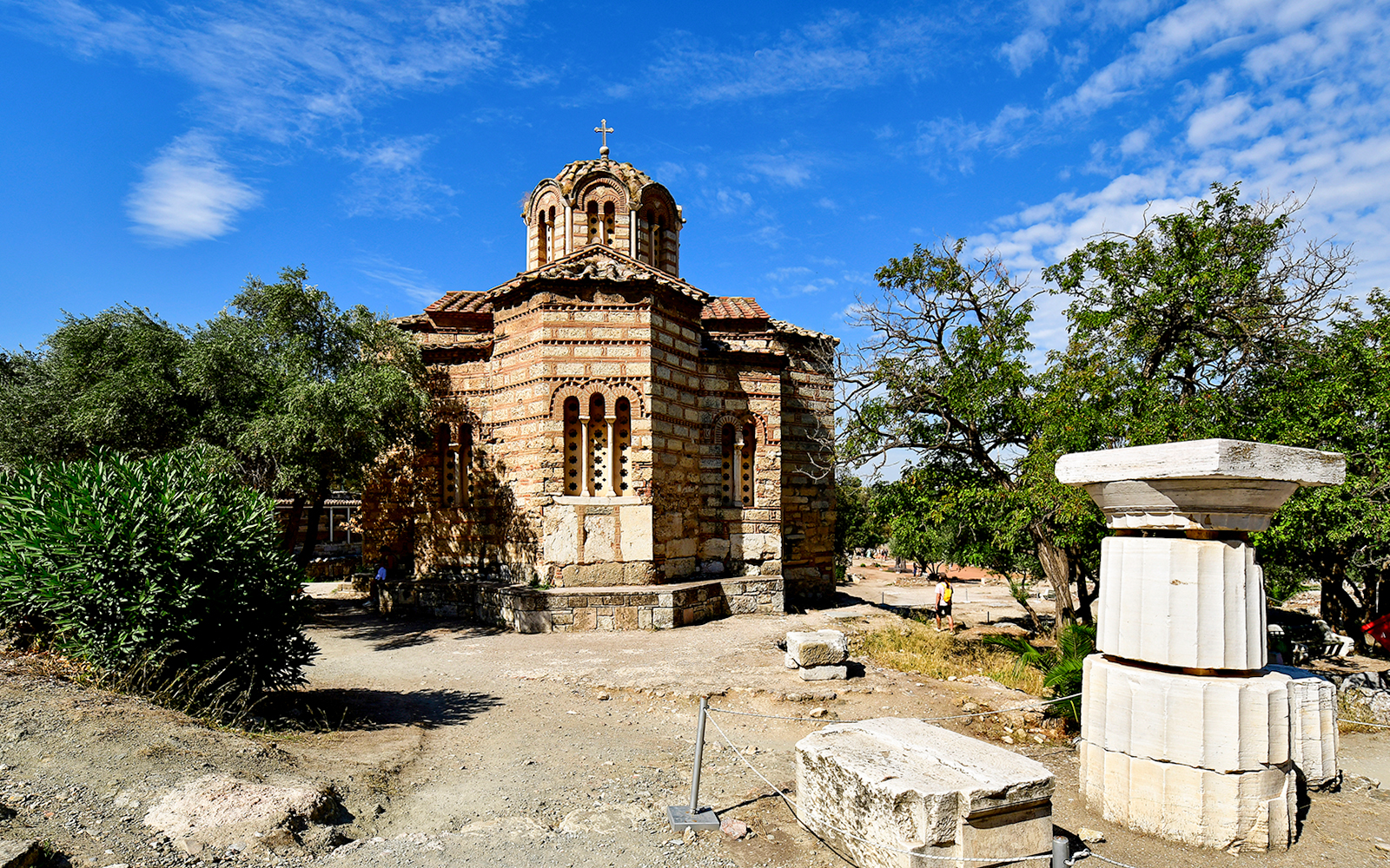 Holy Church of the Holy Apostles in Ancient Agora, Athens, with surrounding ruins.
