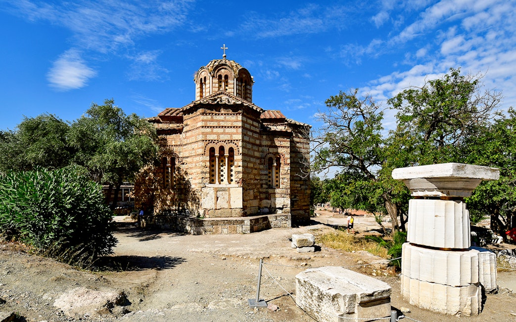 Holy Church of the Holy Apostles in Ancient Agora, Athens, with surrounding ruins.