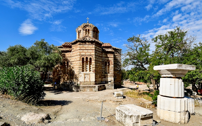 Holy Church of the Holy Apostles in Ancient Agora, Athens, with surrounding ruins.