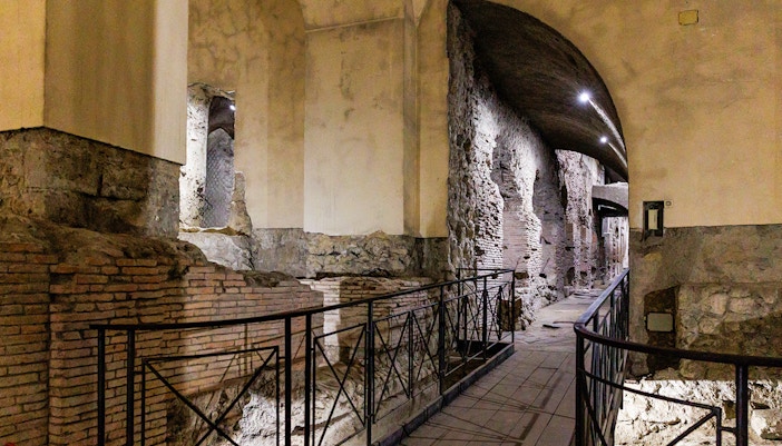 San Lorenzo Maggiore interior with Neapolis Sotterrata architecture in Naples, Italy.