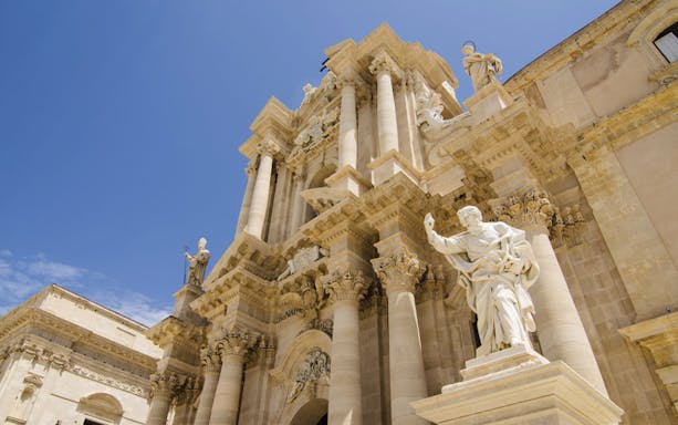 Baroque architecture of the Cathedral of Syracuse in Ortigia, Sicily.