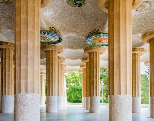 Hypostyle Hall columns and mosaic ceiling at Park Guell, Barcelona.