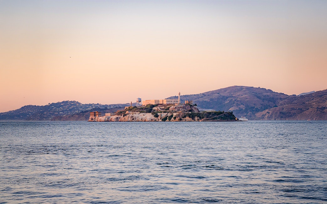 Alcatraz Island at sunset viewed from a California Sunset cruise.