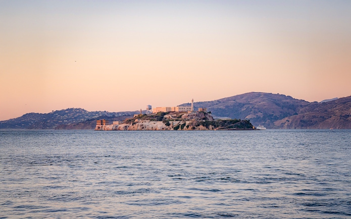 Alcatraz Island at sunset viewed from a California Sunset cruise.