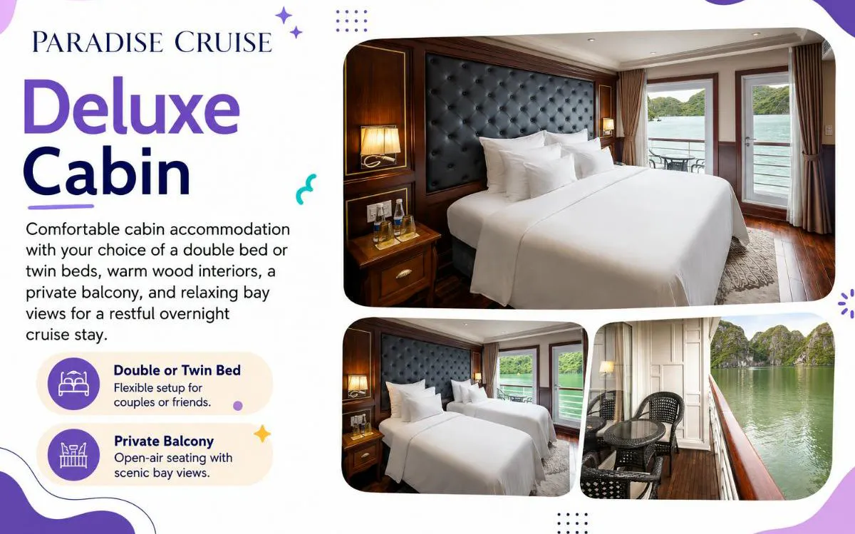 Deluxe cabin with double bed, private balcony, and bay view on Ha Long Bay 5-star cruise.