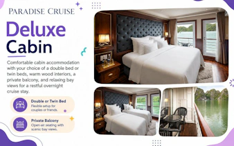 Deluxe cabin with double bed, private balcony, and bay view on Ha Long Bay 5-star cruise.