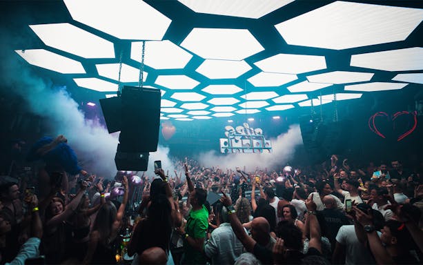 Crowd enjoying a vibrant night at Pure Pacha, Pacha Ibiza, with lights and music.