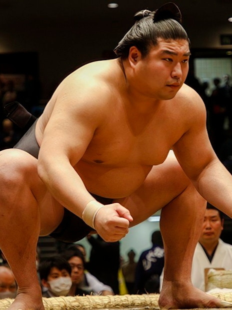 Sumo wrestler crouching, focused on opponent in a crowded arena, Japan.