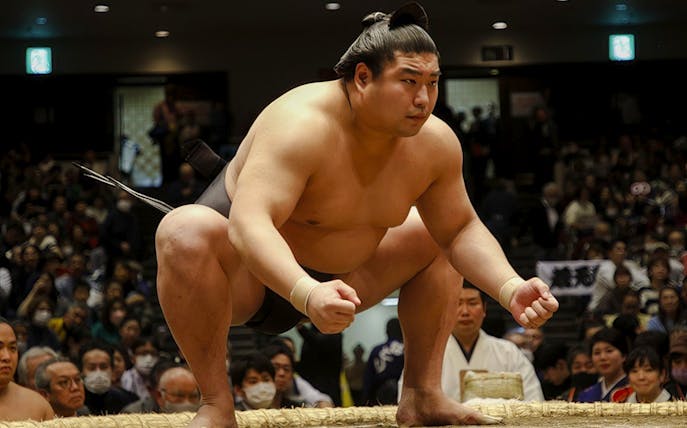 Sumo wrestler crouching, focused on opponent in a crowded arena, Japan.