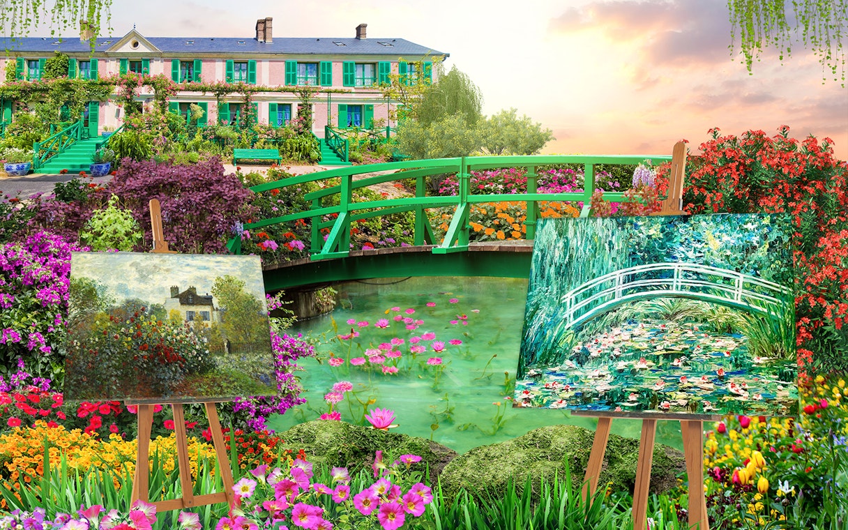 Gardens by the Bay bridge with vibrant flowers and Monet-style paintings on easels.