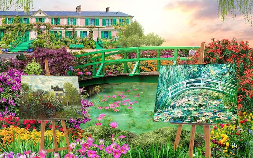 Gardens by the Bay bridge with vibrant flowers and Monet-style paintings on easels.
