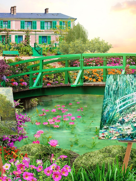 Gardens by the Bay bridge with vibrant flowers and Monet-style paintings on easels.