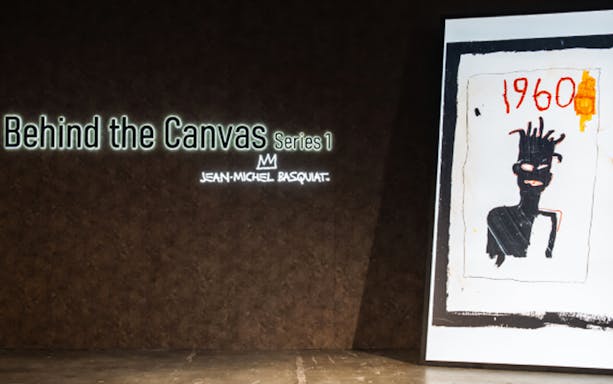 Exhibit poster for Behind the Canvas Series 1 featuring Jean-Michel Basquiat artwork.