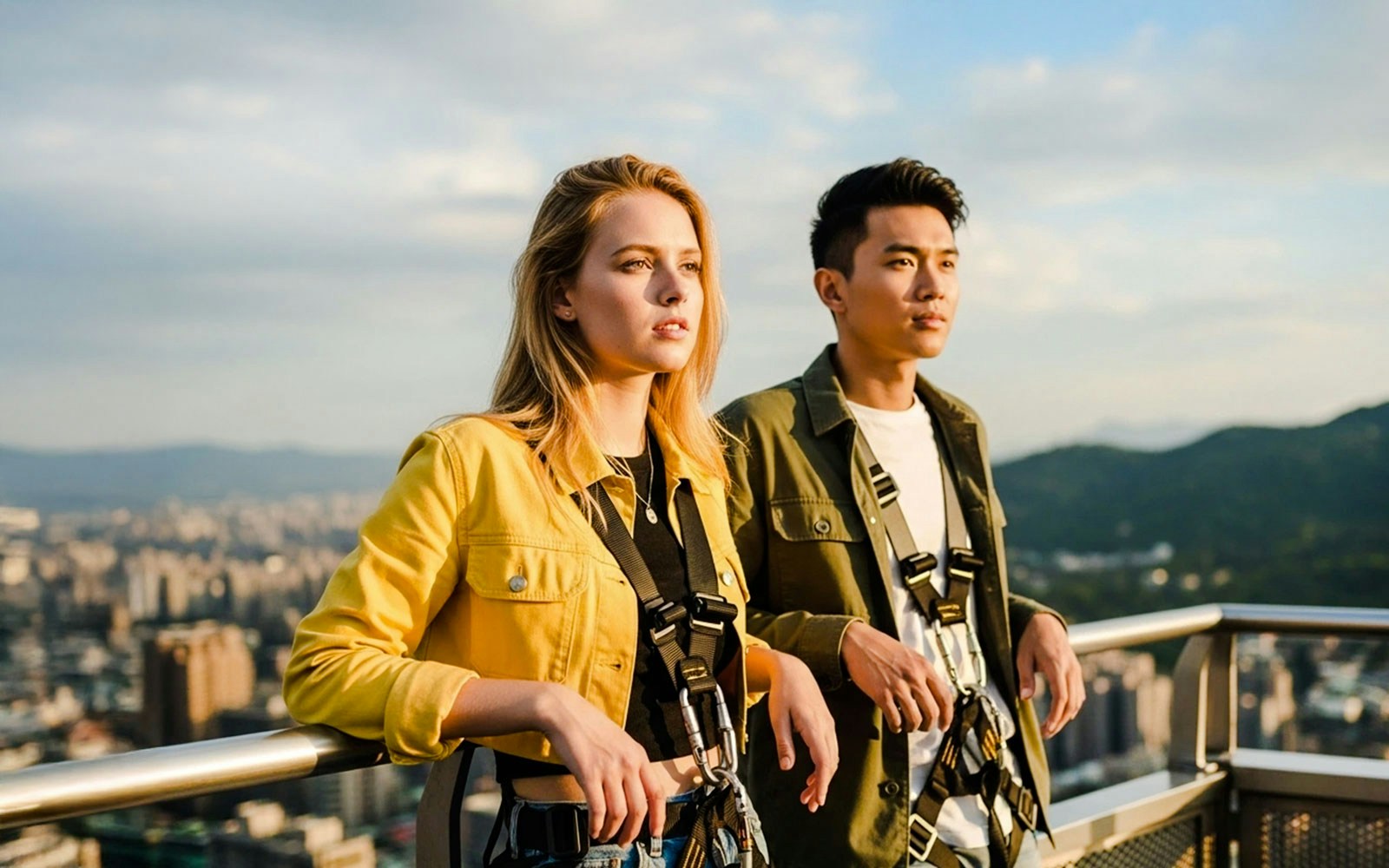 Couple on Taipei 101 observation deck with city view in background.