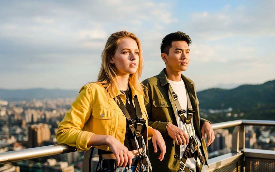 Couple on Taipei 101 observation deck with city view in background.