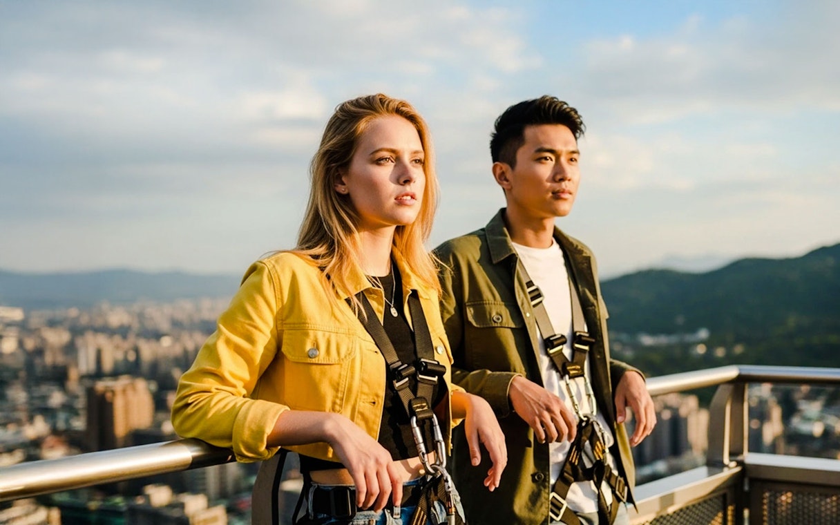 Couple on Taipei 101 observation deck with city view in background.