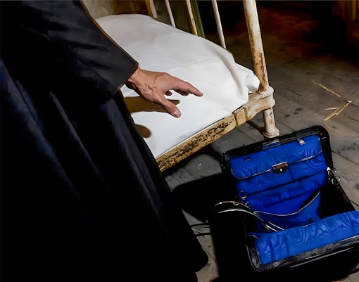 Hand reaching towards a vintage medical bag beside a bed at Jack the Ripper Museum.