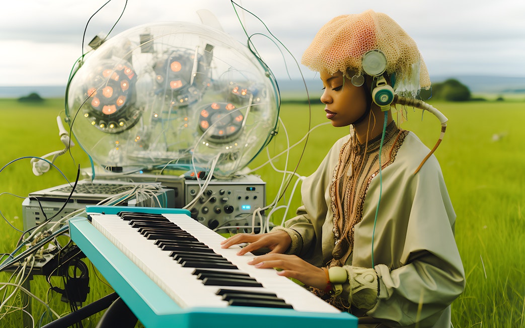 Woman playing keyboard in grassy field beside glowing dome structure.